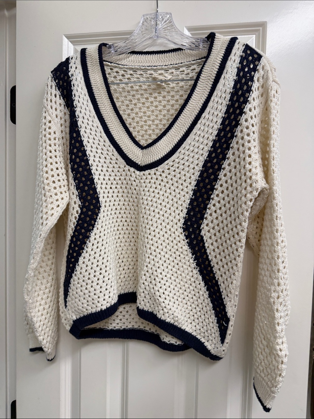 Anthropologie Open-Knit V-Neck Sweater in Cream and Navy